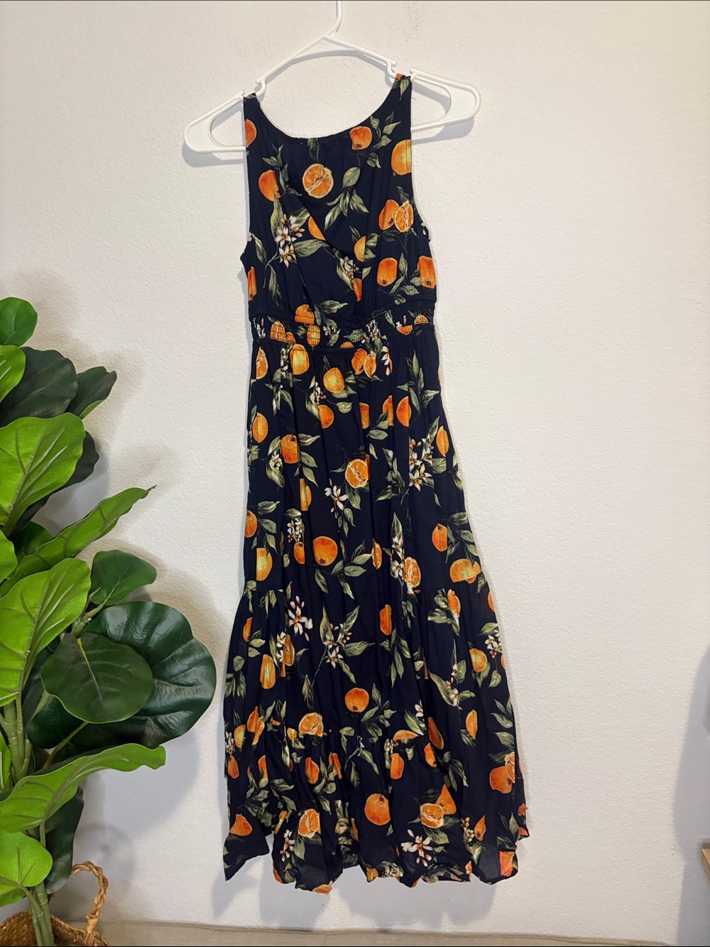 LOFT Black Midi Dress with Orange & Green Citrus Print - Picture 7 of 9